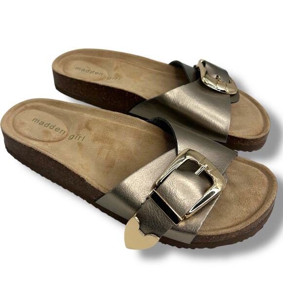 NEW Madden Girl Brookk Buckled Footbed Slides Size 6.5 Metallic Taupe Sandals - Picture 9 of 10